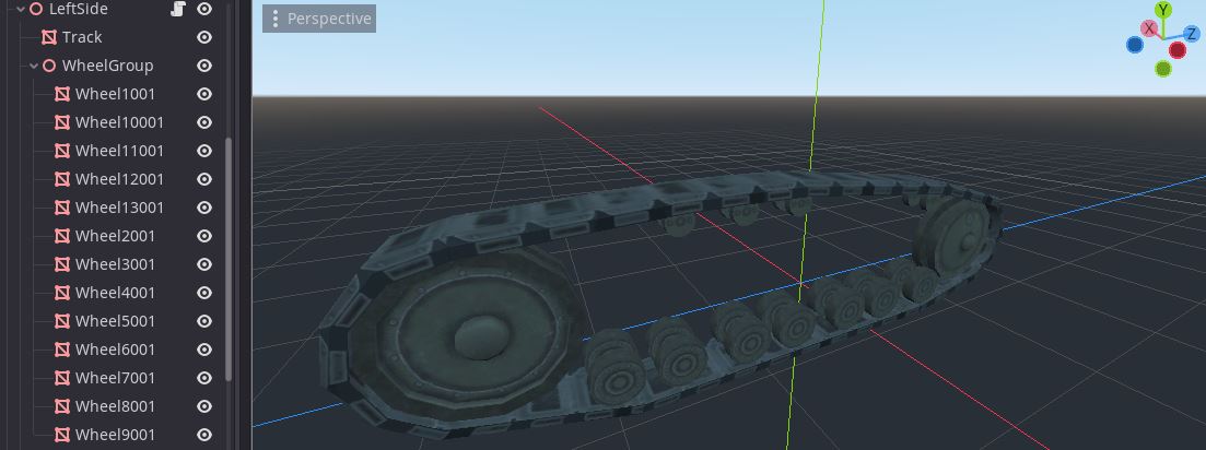 Image showing node tree and tank tread and wheels in godot engine