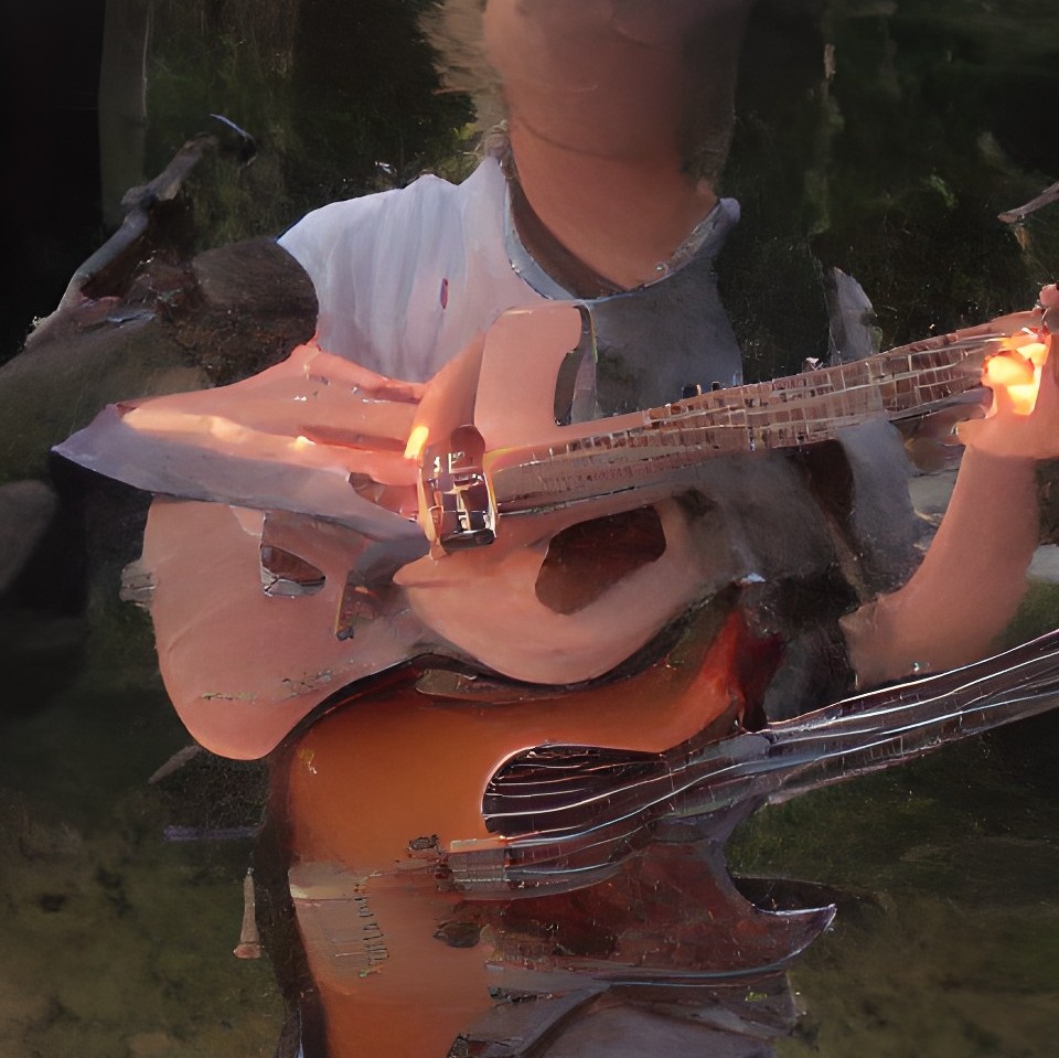 distorted image in the style of a painting of man playing two guitars